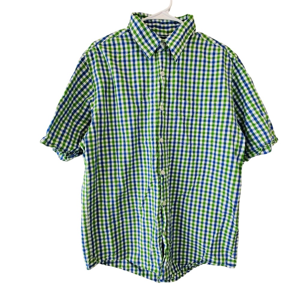 Carbon Jeans Mens Short Sleeve Gingham Button Down Shirt Green Blue Large L